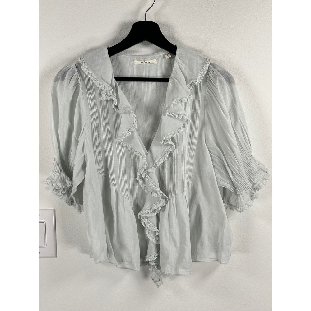 DOEN Henri Top Alice Blue Ruffle Pintuck Women's XS Edwardian Cottagecore - Picture 2 of 16